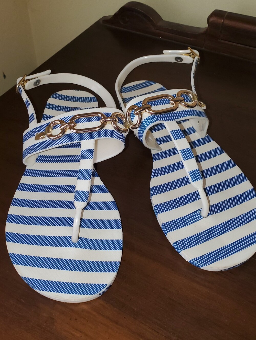 kate spade White and Blue Striped Chain-Link Thong Sandals